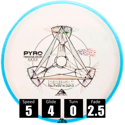 Disco de disc golf Axiom Pyro de plástico Prism Neutron, con números de vuelo: velocidad 5, planeo 4, giro 0, y desvanecimiento 2.5.