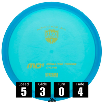 Disco de disc golf Discmania MD5 de plástico C Line, con números de vuelo: velocidad 5, planeo 3, turn 0 y fade 4.