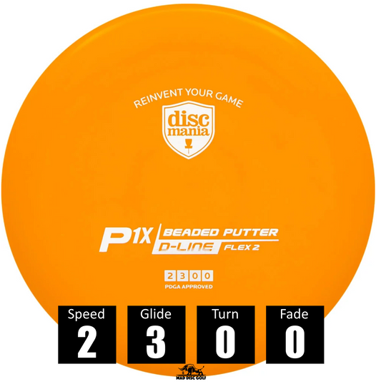 Disco de disc golf Discmania P1X de plástico D Line Flex 2, con números de vuelo: velocidad 2, planeo 3, turn 0 y fade 0.