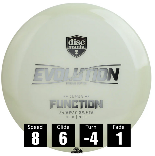Disco de disc golf Discmania Function de plástico Lumen, con números de vuelo: velocidad 8, planeo 6, giro -4 y desvanecimiento 1.