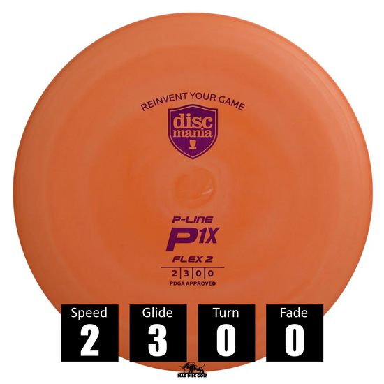 Disco de disc golf Discmania P1X de plástico P Line Flex 2, con números de vuelo: velocidad 2, planeo 3, giro 0 y fade 0.