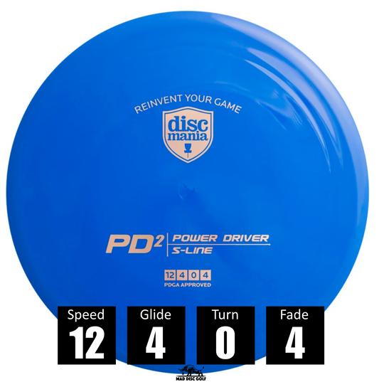 Disco de disc golf Discmania PD2 de plástico S Line, con números de vuelo: velocidad 12, planeo 4, giro 0 y desvanecimiento 4.
