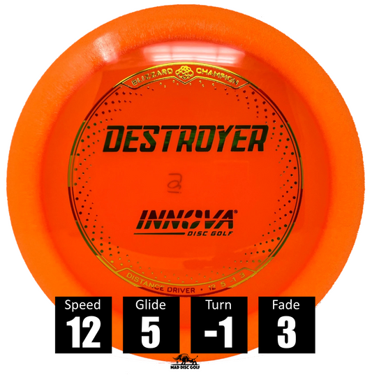 Disco de disc golf Innova Destroyer de plástico Blizzard, con números de vuelo: velocidad 12, planeo 5, giro -1 y desvanecimiento 3.