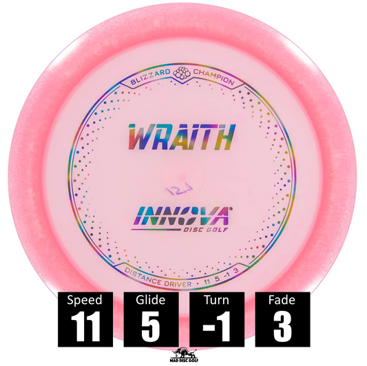Disco de disc golf Innova Wraith de plástico Champion Blizzard, con números de vuelo: velocidad 11, planeo 5, turn -1 y fade 3.