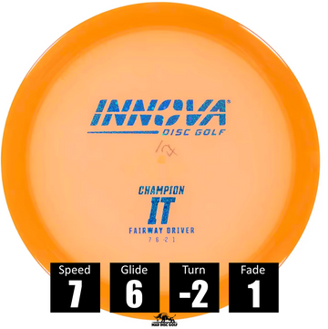 Disco de disc golf Innova It de plástico Champion, con números de vuelo: velocidad 7, planeo 6, giro -2 y desvanecimiento 1.