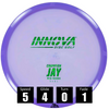Disco de disc golf Innova Jay de plástico Champion, con números de vuelo: velocidad 5, planeo 4, giro 0 y desvanecimiento 1.