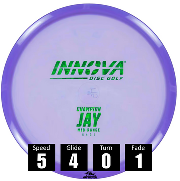 Disco de disc golf Innova Jay de plástico Champion, con números de vuelo: velocidad 5, planeo 4, giro 0 y desvanecimiento 1.
