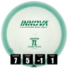 Disco de disc golf Innova TL de plástico Champion, con números de vuelo: velocidad 7, planeo 5, giro 1 y desvanecimiento 1.