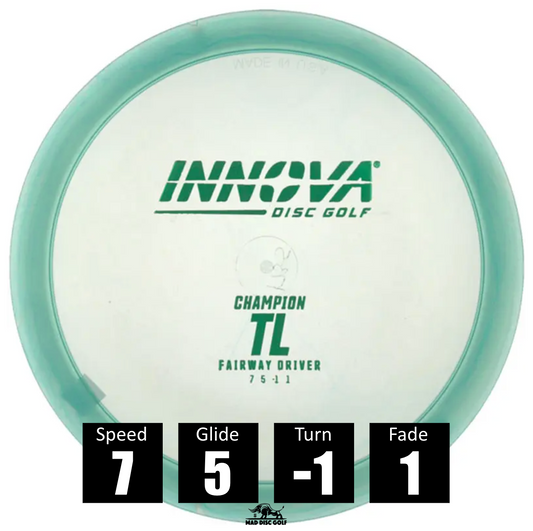 Disco de disc golf Innova TL de plástico Champion, con números de vuelo: velocidad 7, planeo 5, giro 1 y desvanecimiento 1.