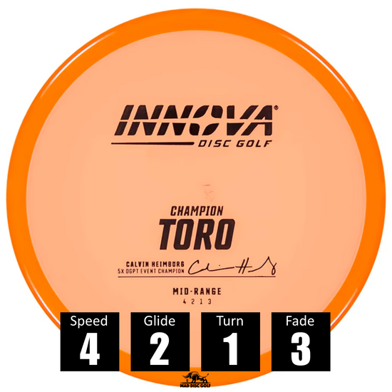 Disco de disc golf Innova Toro de plástico Champion, con números de vuelo: velocidad 4, planeo 2, giro 1 y desvanecimiento 3.