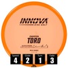 Disco de disc golf Innova Toro de plástico Champion, con números de vuelo: velocidad 4, planeo 2, giro 1 y desvanecimiento 3.