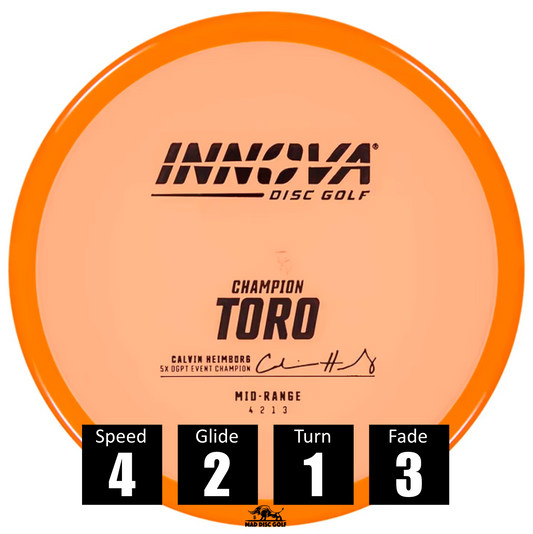Disco de disc golf Innova Toro de plástico Champion, con números de vuelo: velocidad 4, planeo 2, giro 1 y desvanecimiento 3.