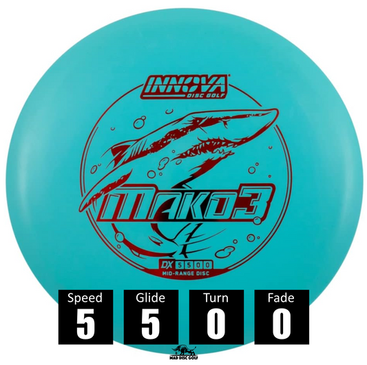 Disco de disc golf Innova Mako 3 de plástico DX, con números de vuelo: velocidad 5, planeo 5, giro 0 y desvanecimiento 0.