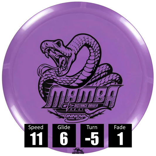 Disco de disc golf Innova Mamba de plástico G Star, con números de vuelo: velocidad 11, planeo 6, giro -5 y desvanecimiento 1.