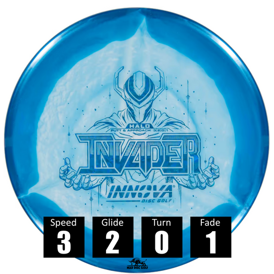 Disco de disc golf Innova Invader de plástico Halo Star, con números de vuelo: velocidad 3, planeo 2, turn 0 y fade 1.