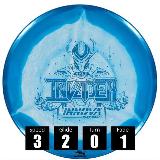 Disco de disc golf Innova Invader de plástico Halo Star, con números de vuelo: velocidad 3, planeo 2, turn 0 y fade 1.