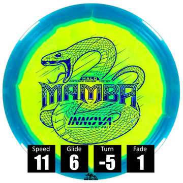 Disco de disc golf Innova Mamba de plástico Halo Star, con números de vuelo: velocidad 11, planeo 6, giro -5 y fade 1.