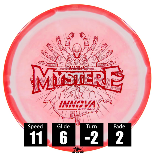 Disco de disc golf Innova Mystere de plástico Halo Star, con números de vuelo: velocidad 11, planeo 6, giro -2 y desvanecimiento 2.