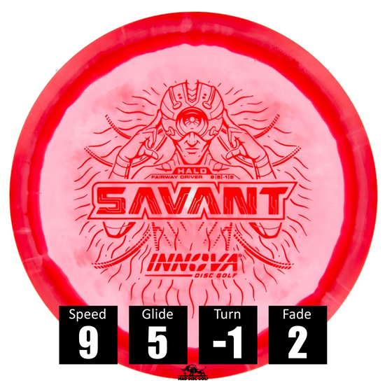 Disco de disc golf Innova Savant de plástico Halo Star, con números de vuelo: velocidad 9, planeo 5, giro -1 y desvanecimiento 2.