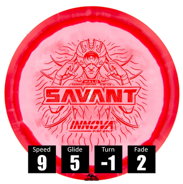 Disco de disc golf Innova Savant de plástico Halo Star, con números de vuelo: velocidad 9, planeo 5, giro -1 y desvanecimiento 2.