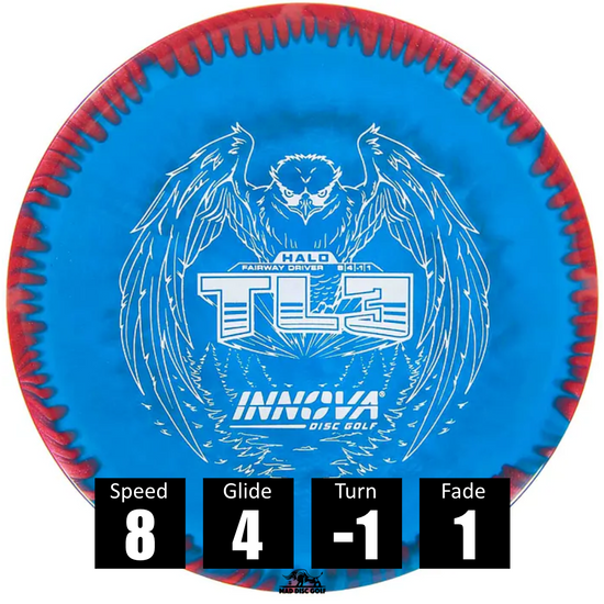 Disco de disc golf Innova TL3 de plástico Halo Star, con números de vuelo: velocidad 8, planeo 4, giro -1 y fade 1.