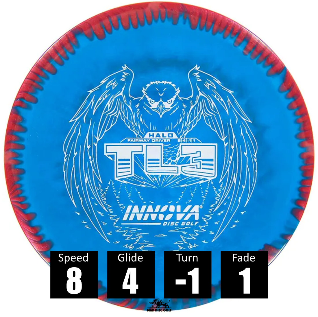 Disco de disc golf Innova TL3 de plástico Halo Star, con números de vuelo: velocidad 8, planeo 4, giro -1 y fade 1.