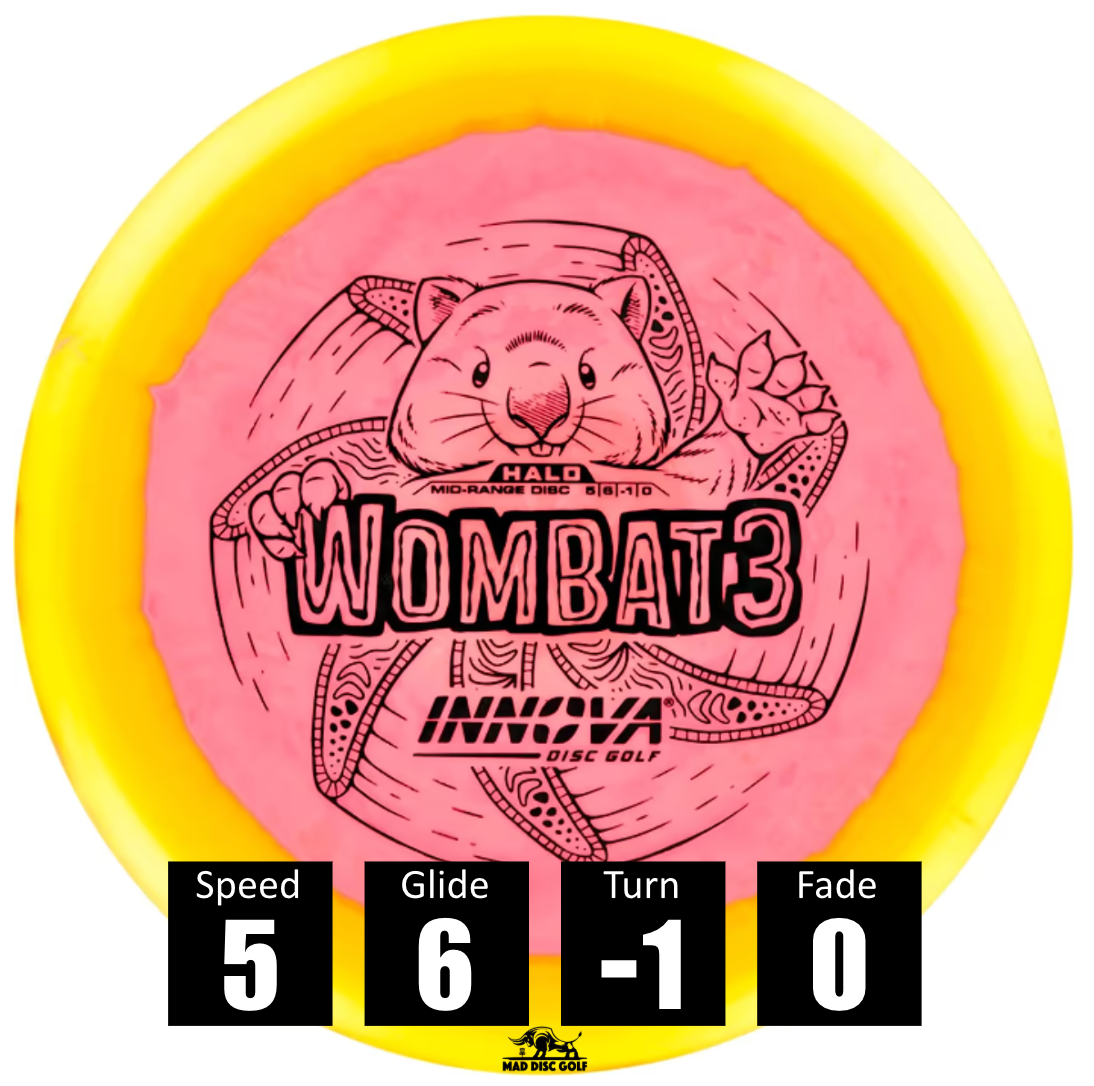 Disco de disc golf Innova Wombat 3 de plástico Halo Star, con números de vuelo: velocidad 5, planeo 6, giro -1 y desvanecimiento 0.