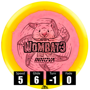 Disco de disc golf Innova Wombat 3 de plástico Halo Star, con números de vuelo: velocidad 5, planeo 6, giro -1 y desvanecimiento 0.