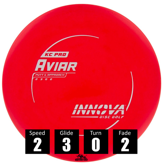Disco de disc golf Innova Aviar de plástico KC Pro, con números de vuelo: velocidad 2, planeo 3, giro 0 y desvanecimiento 2.