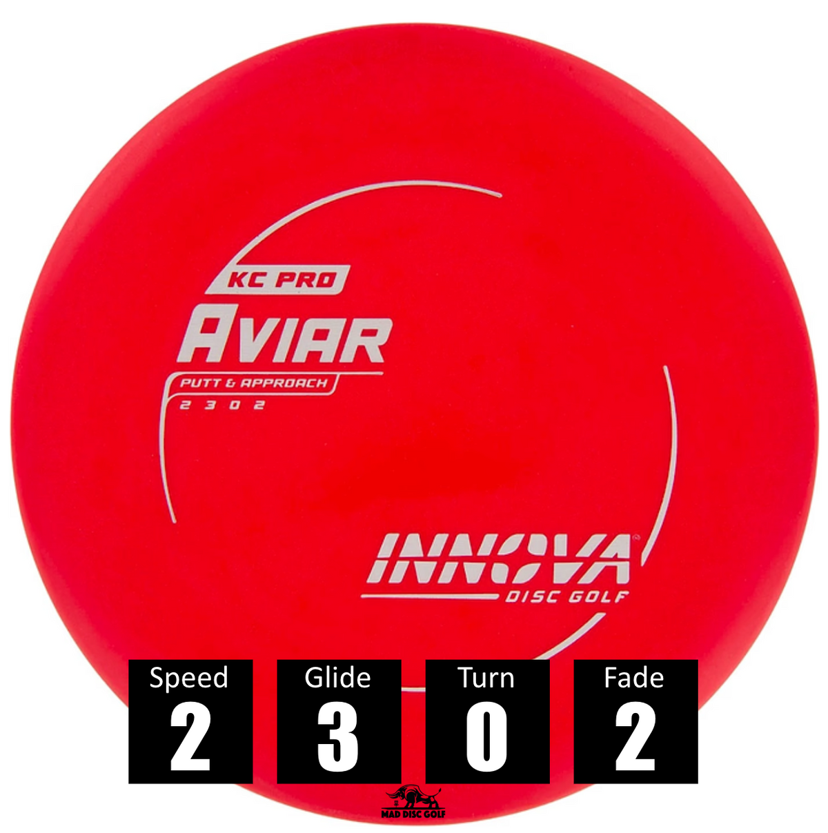 Disco de disc golf Innova Aviar de plástico KC Pro, con números de vuelo: velocidad 2, planeo 3, giro 0 y desvanecimiento 2.