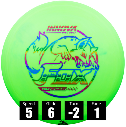 Disco de disc golf Innova Fox de plástico Star, con números de vuelo: velocidad 5, planeo 6, giro -2 y desvanecimiento 1.