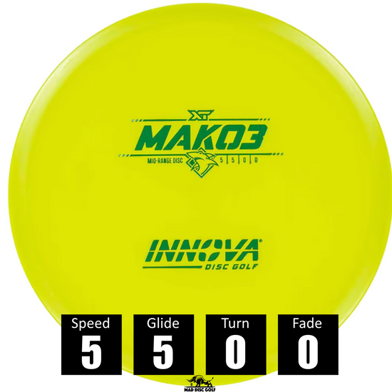 Disco de disc golf Innova Mako3 de plástico XT, con números de vuelo: velocidad 5, planeo 5, turn 0, fade 0.