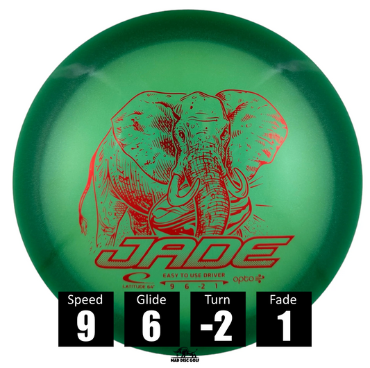 Disco de disc golf Latitude 64 Jade de plástico Opto Air, con números de vuelo: velocidad 9, planeo, 6, giro -2 y desvanecimiento 1.