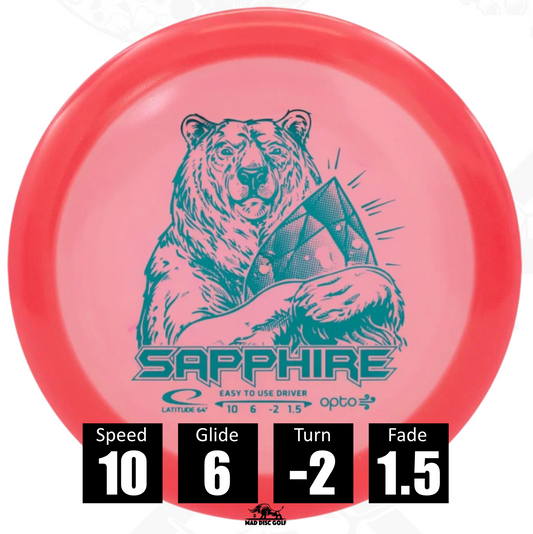 Disco de disc golf Latitude 64 Sapphire de plástico Opto Air, con números de vuelo: velocidad 10, planeo 6, giro -2, y desvanecimiento 1.5.