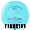 Disco de disc golf Latitude 64 Strive de plástico Royal Grand, con números de vuelo: velocidad 13, planeo 5, turn -1, y fade 3.