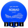 Disco de disc golf MVP Nomad de plástico Electron, con números de vuelo: velocidad 2, planeo 4, giro 0 y desvanecimiento 1.