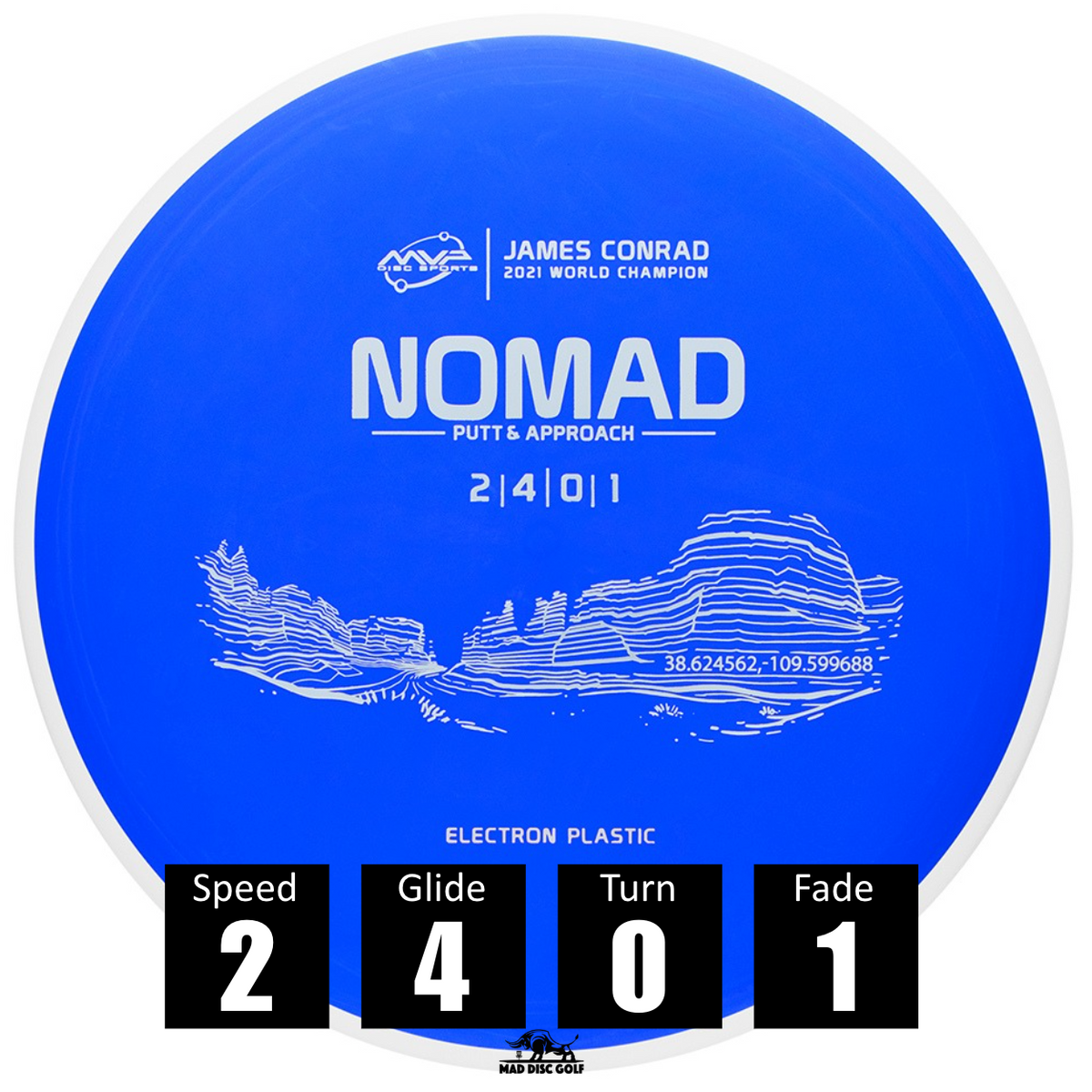 Disco de disc golf MVP Nomad de plástico Electron, con números de vuelo: velocidad 2, planeo 4, giro 0 y desvanecimiento 1.