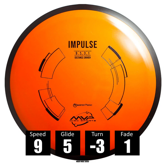 Disco de disc golf MVP Impulse de plástico Neutron, con números de vuelo: velocidad 9, planeo 5, giro -3 y desvanecimiento 1.