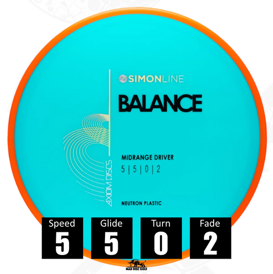 Disco de disc golf MVP Balance Simon Line de plástico Neutron, con números de vuelo: velocidad 5, planeo 5, giro 0 y desvanecimiento 2.